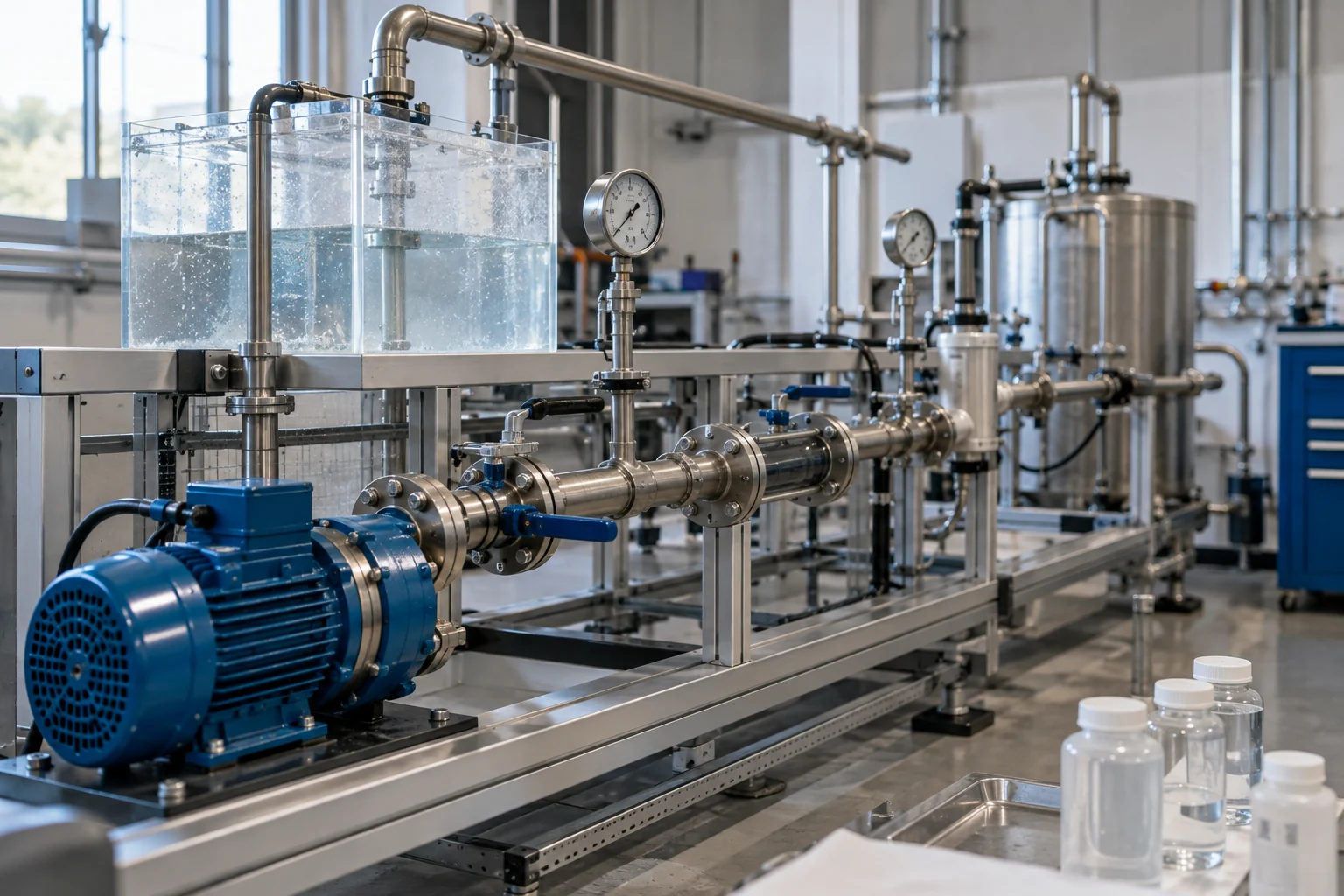 Laboratory flow-loop equipment with a pump, reservoir and pressure gauges
