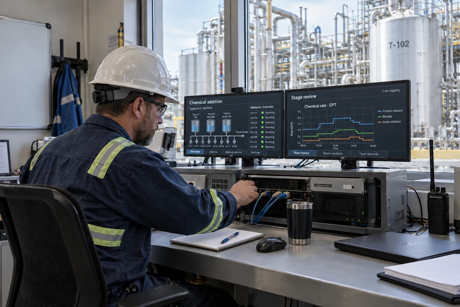 Illustrative controls engineer with an eight-channel chemical-addition dashboard and stage-rate trends