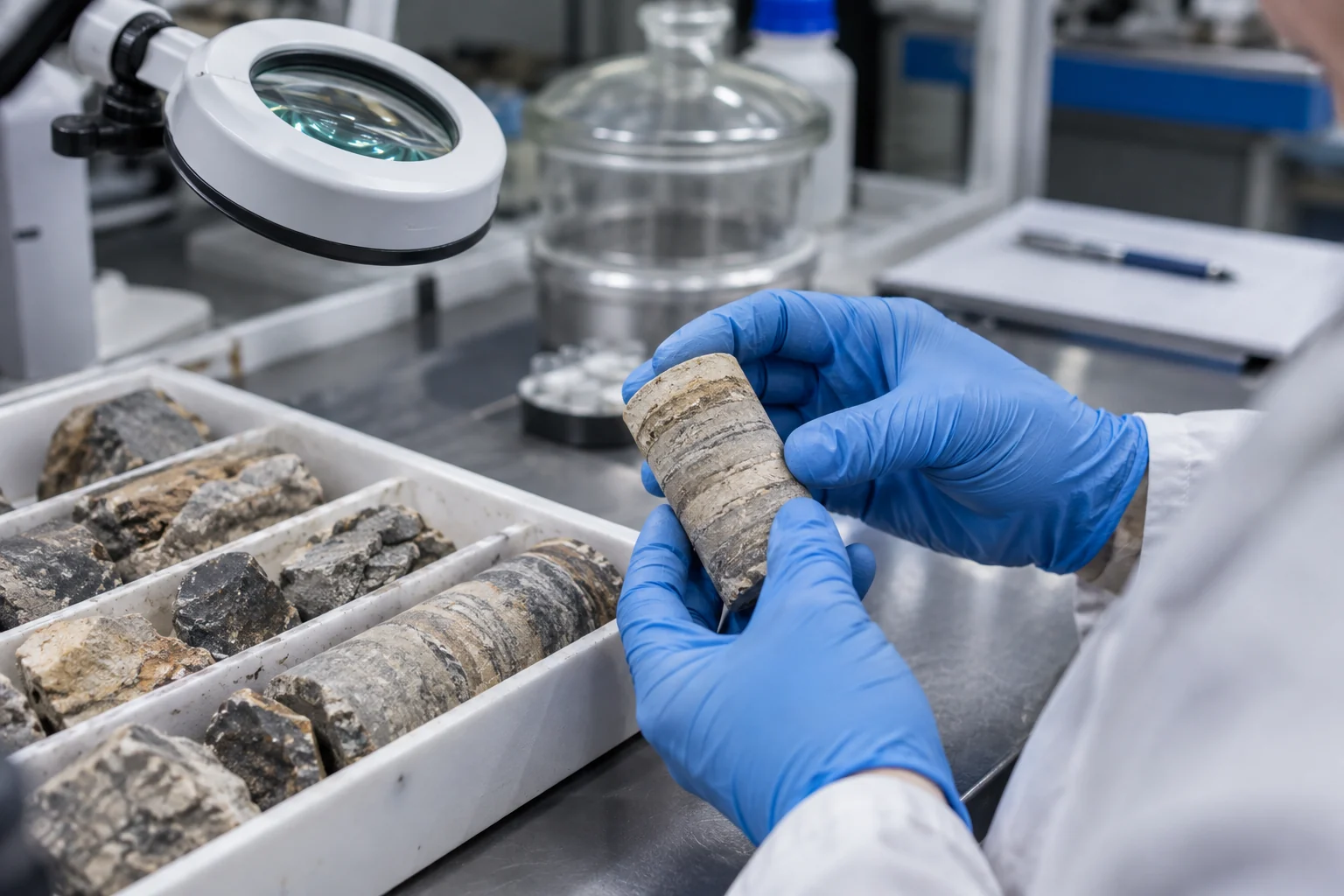 Gloved hands examining a sedimentary rock core in a laboratory