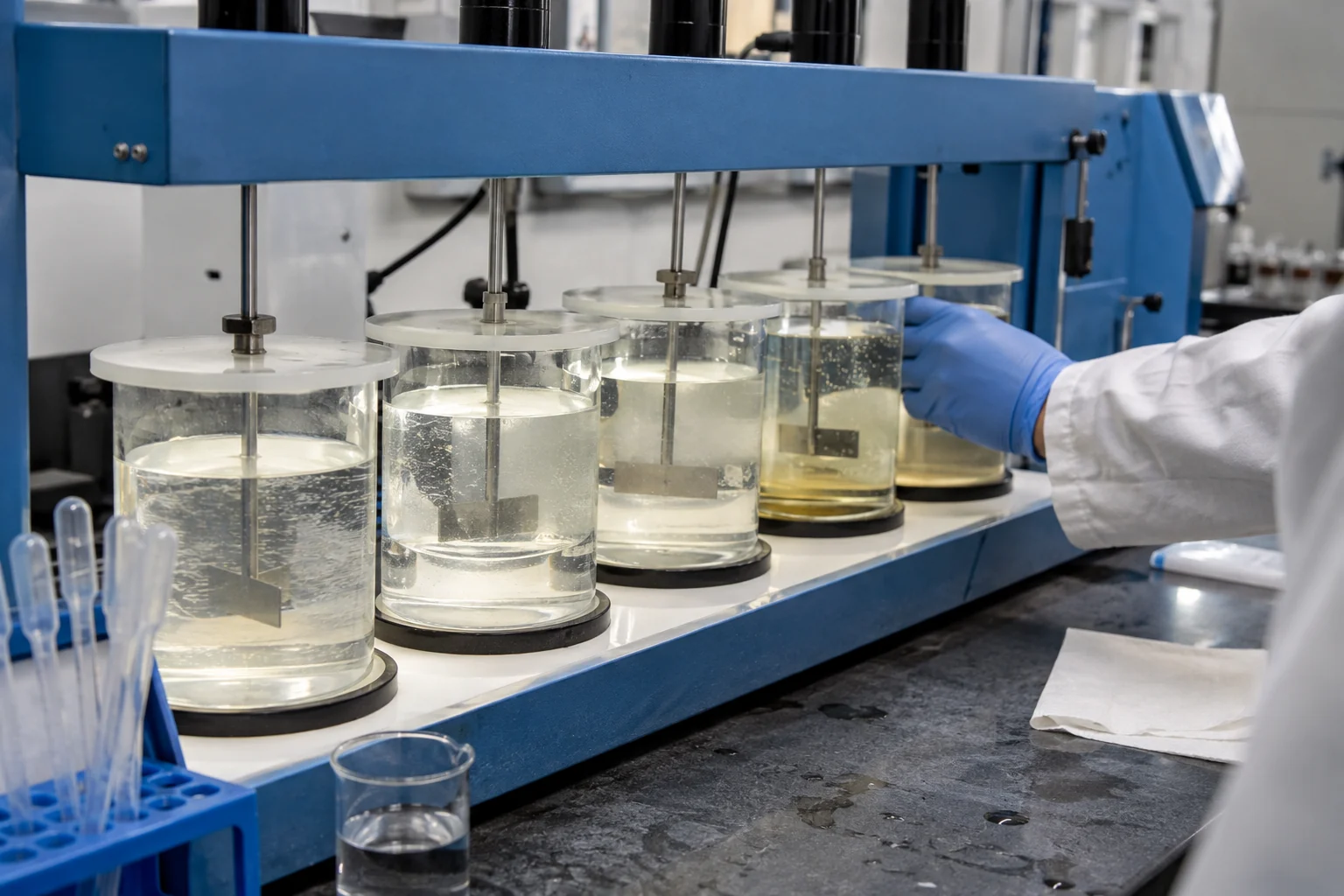 Laboratory jar-test station used to evaluate chemical samples