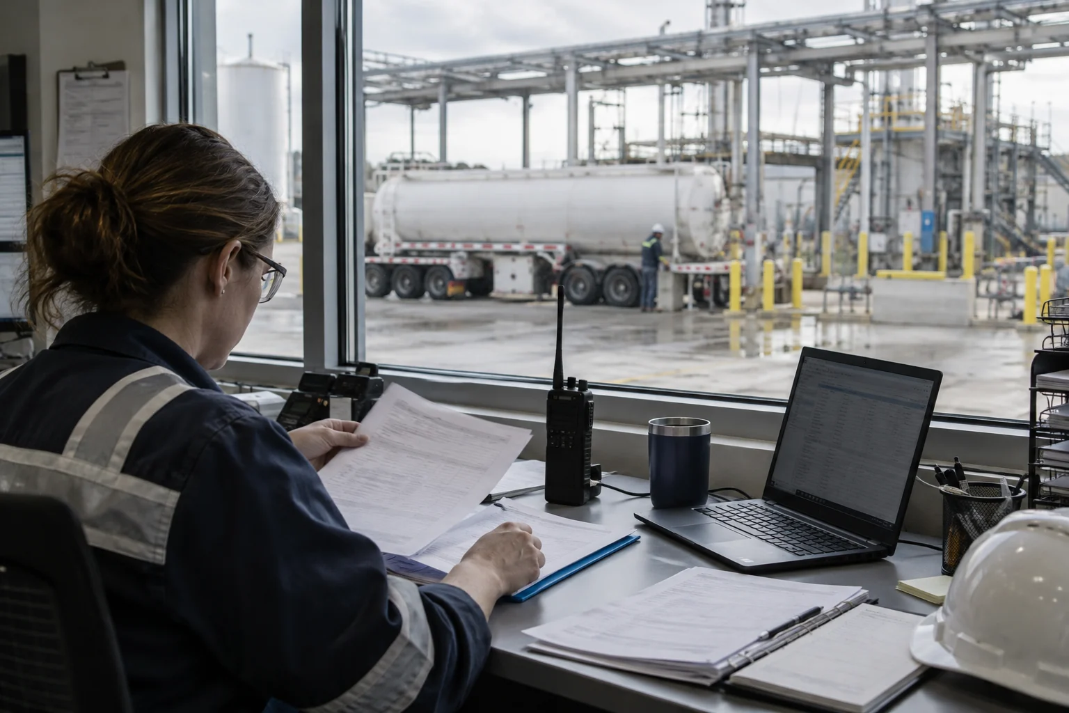 Dispatch planner coordinating paperwork beside a chemical-loading yard