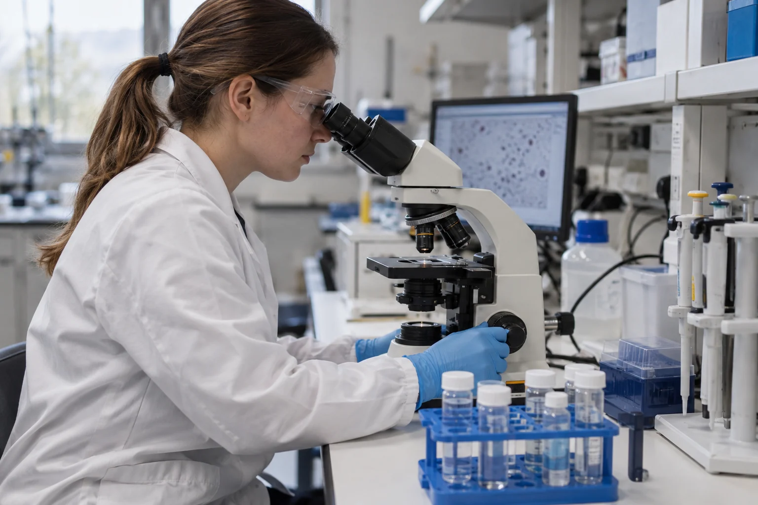 Water microbiology testing at a laboratory microscope