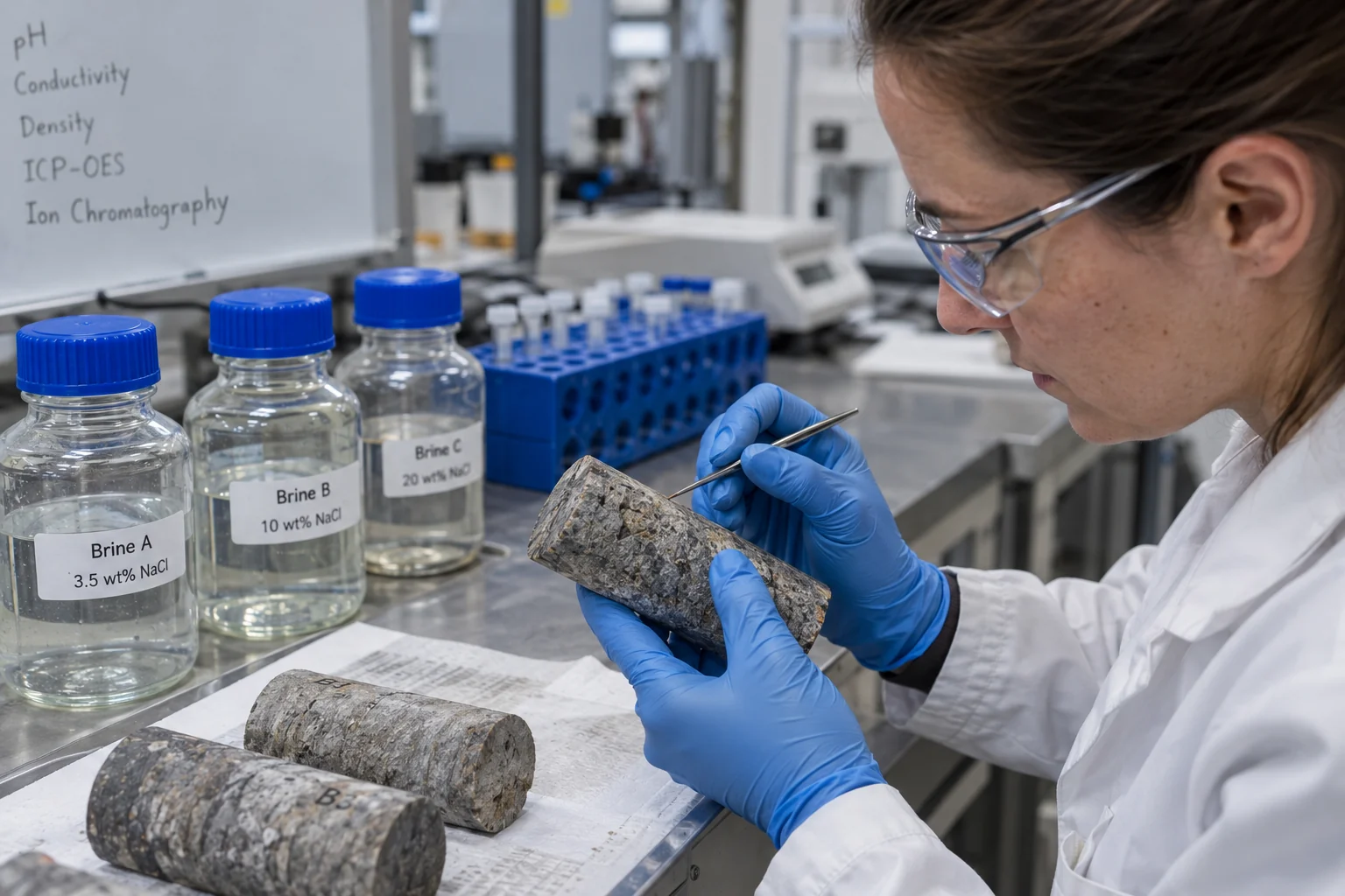 Technician evaluating a rock sample alongside test-brine bottles