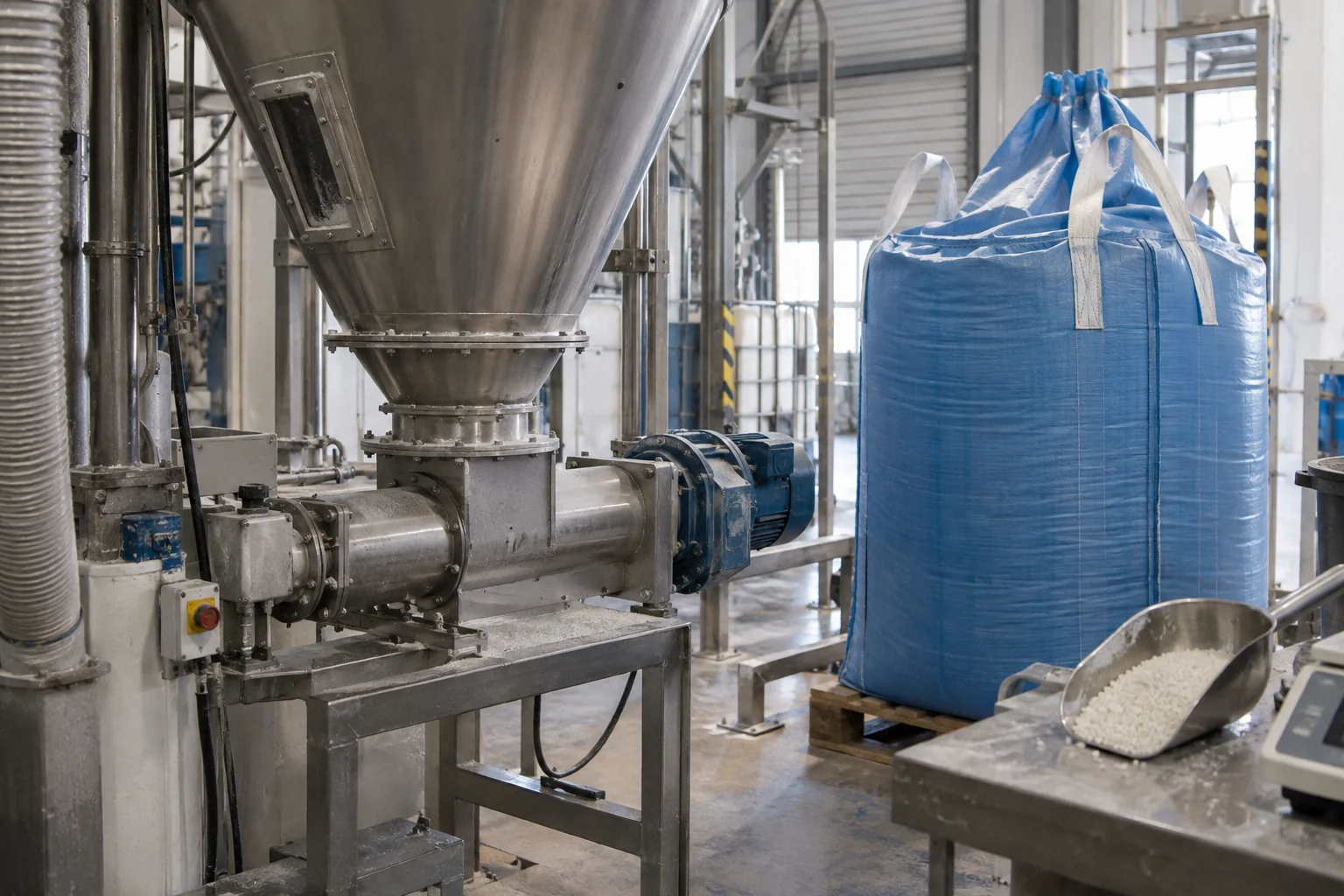 Dry-polymer feed hopper, bulk bag and sample scoop in a material-handling area