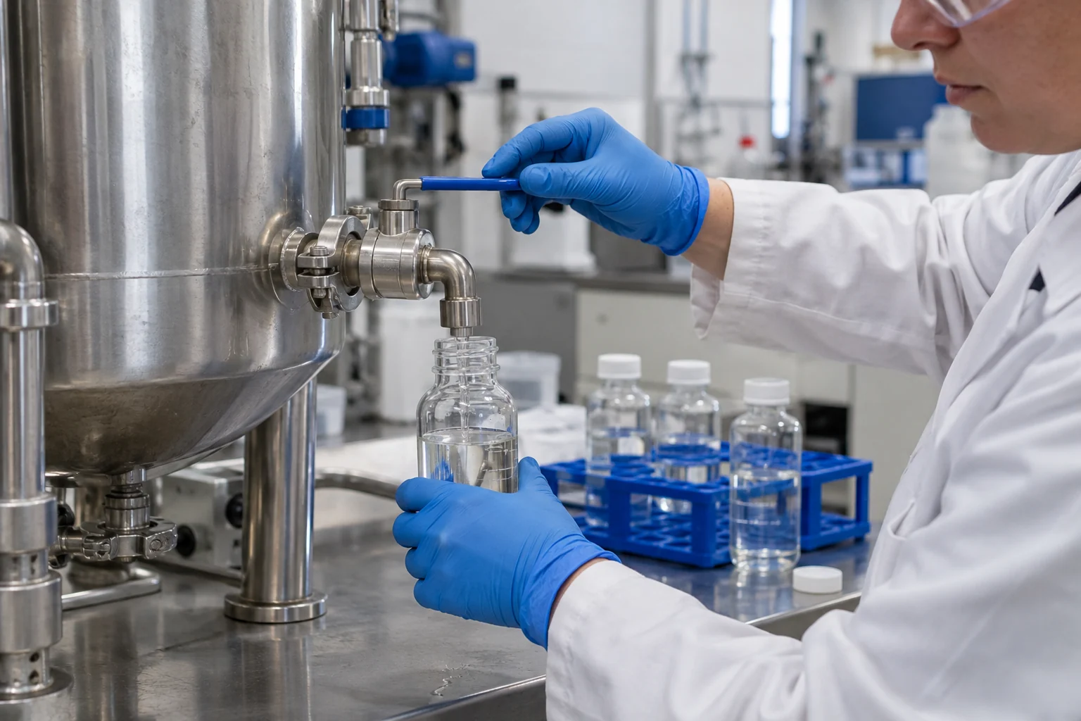 Technician collecting a liquid sample from a laboratory mixing vessel