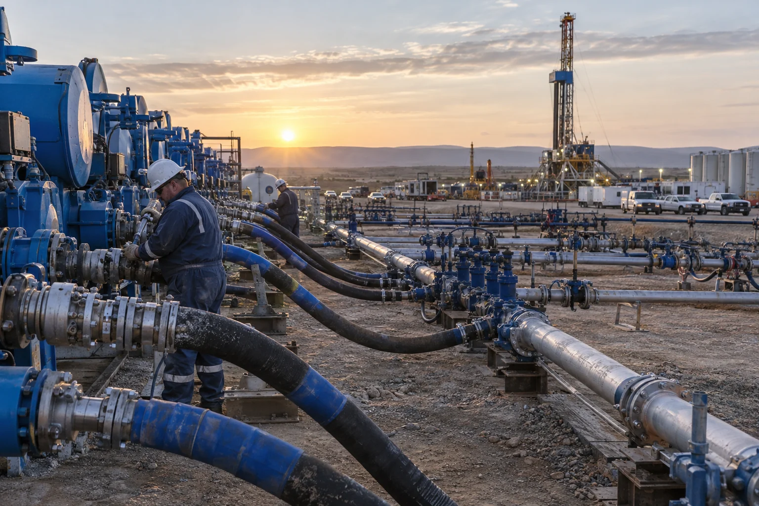 High-pressure pumping lines at a completion site