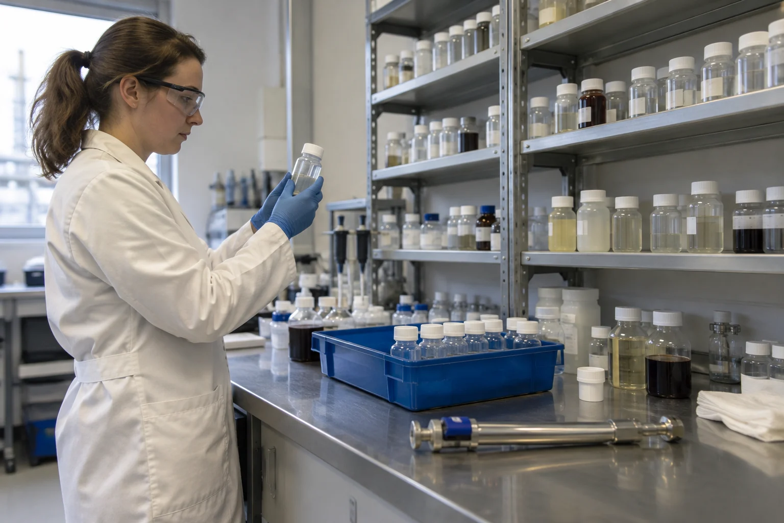 Chemical sample room with capped sample bottles and a blue laboratory tray