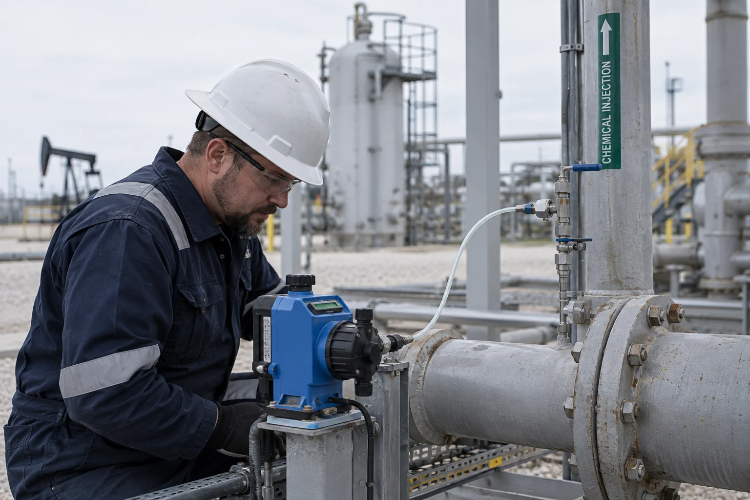 Technician inspecting chemical-injection equipment beside process pipework