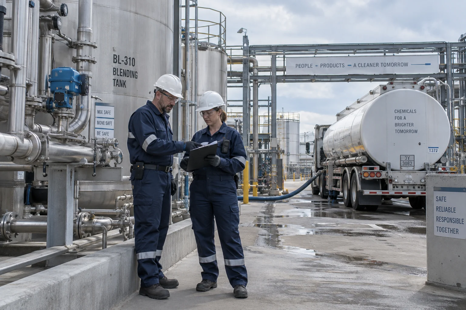 Field staff coordinating chemical manufacturing and tanker delivery