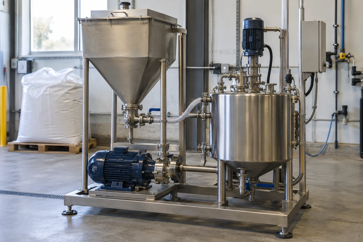 Representative dry-polymer feed hopper and hydration vessel in an industrial test bay