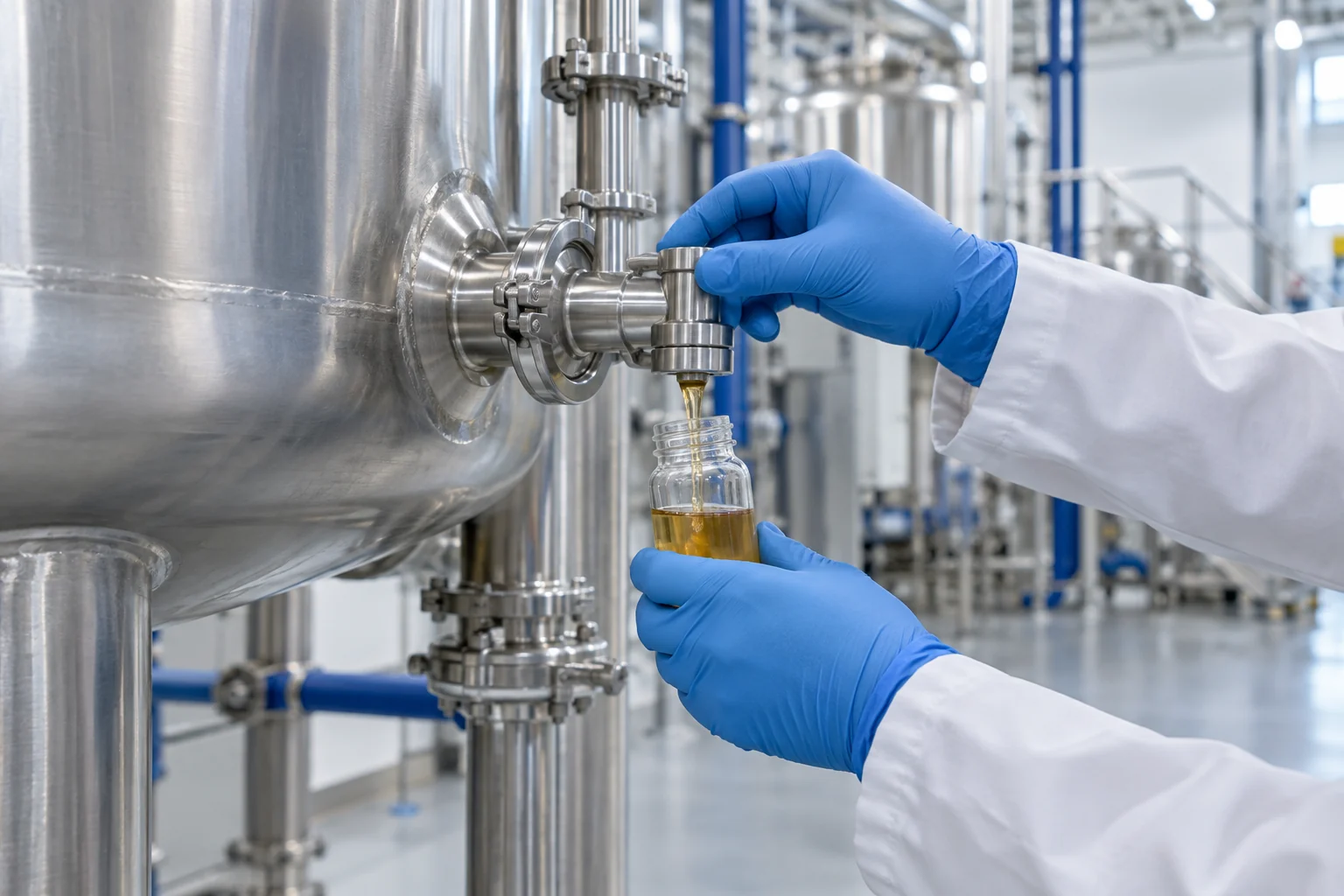 Blue-gloved hands collecting a batch sample from a stainless-steel blending vessel