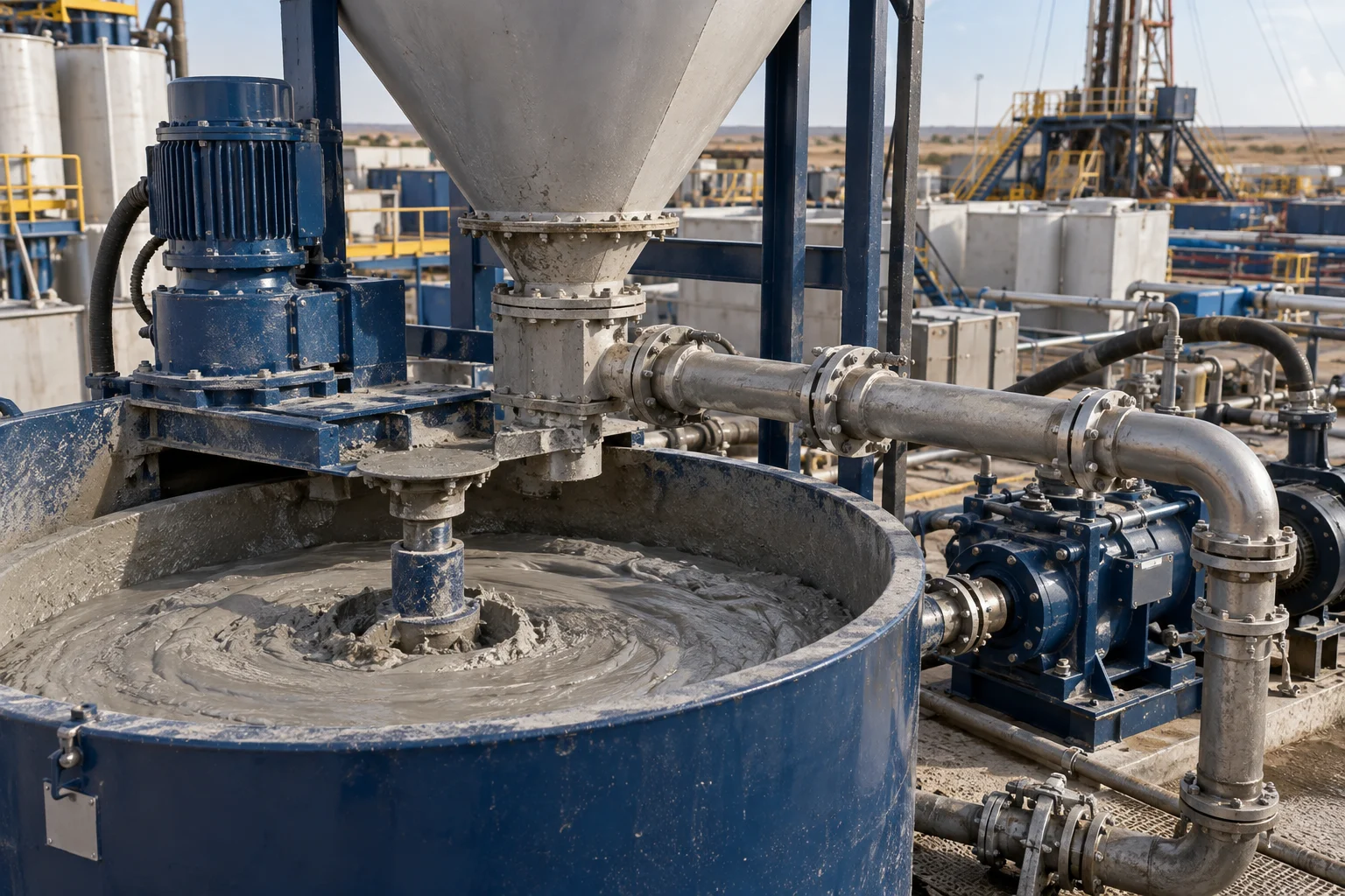 Cement slurry mixing basin and connected pumping equipment at a well site