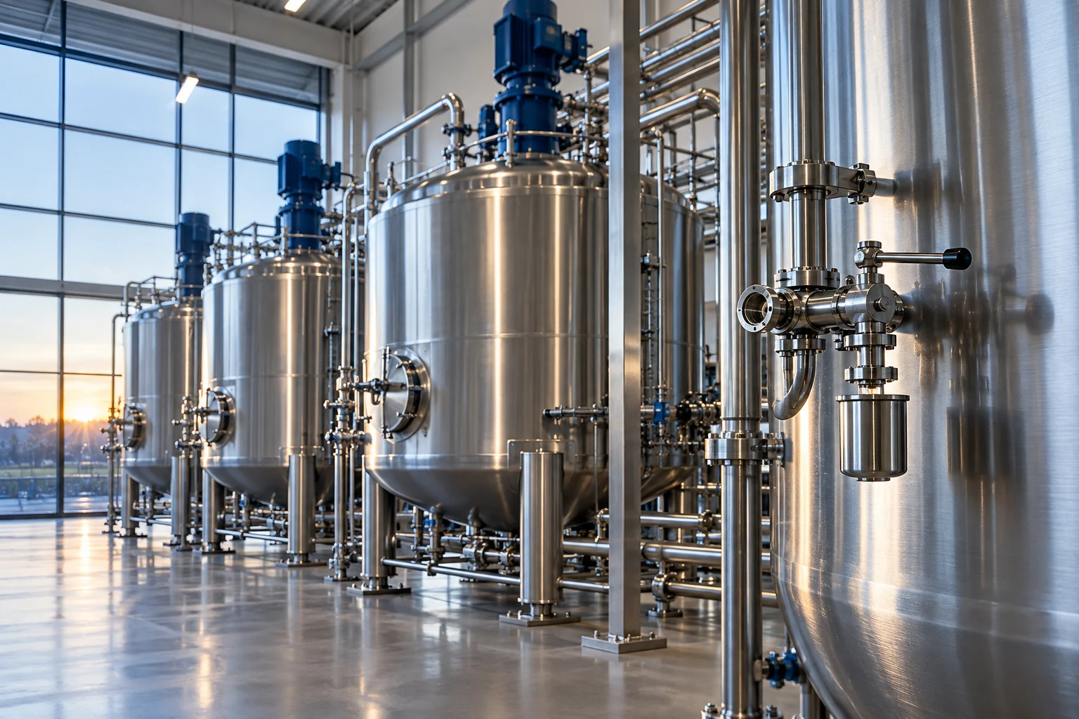 Stainless-steel blending vessels in a bright chemical manufacturing hall