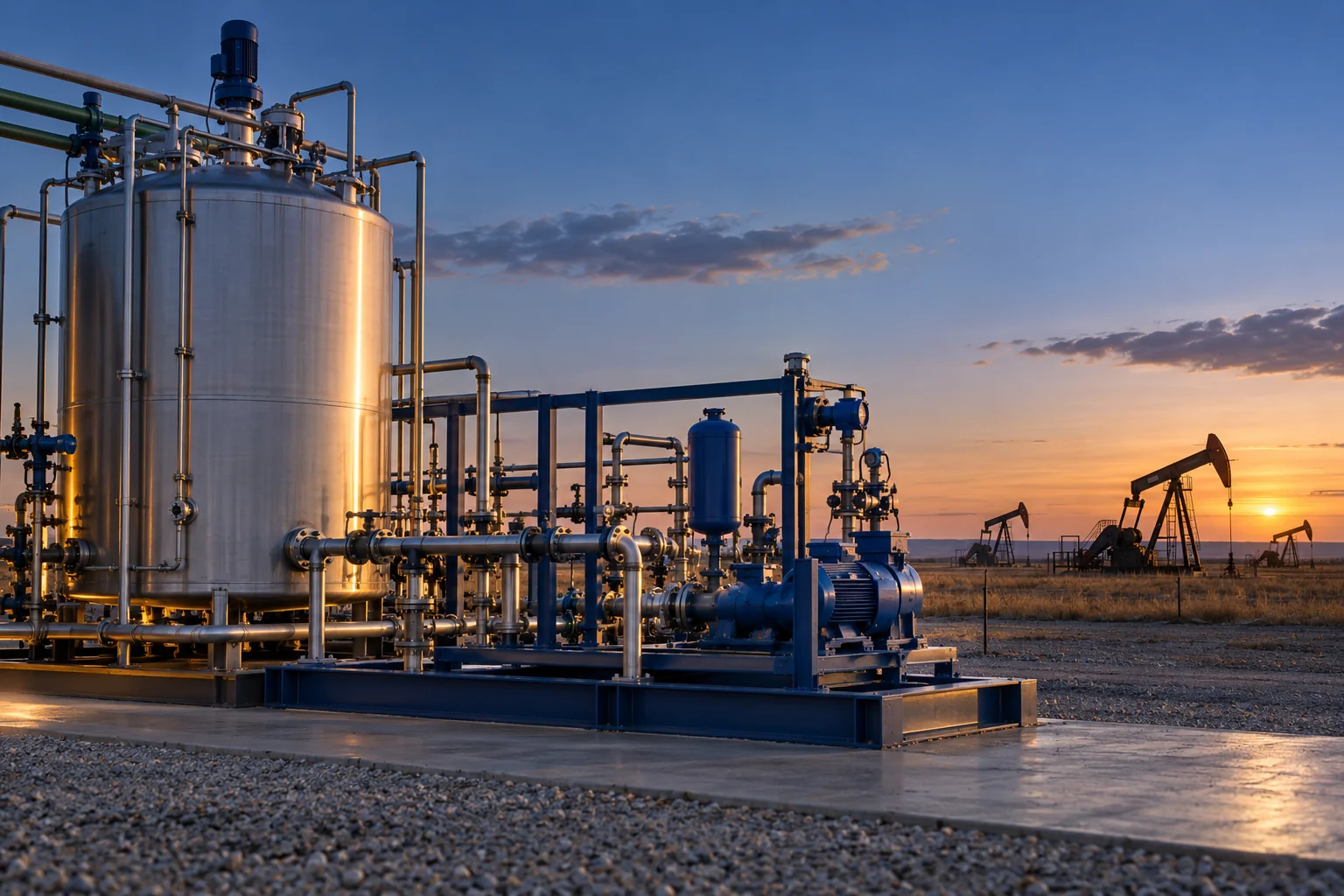 Chemical treatment vessels and injection pumps with a producing well in the distance