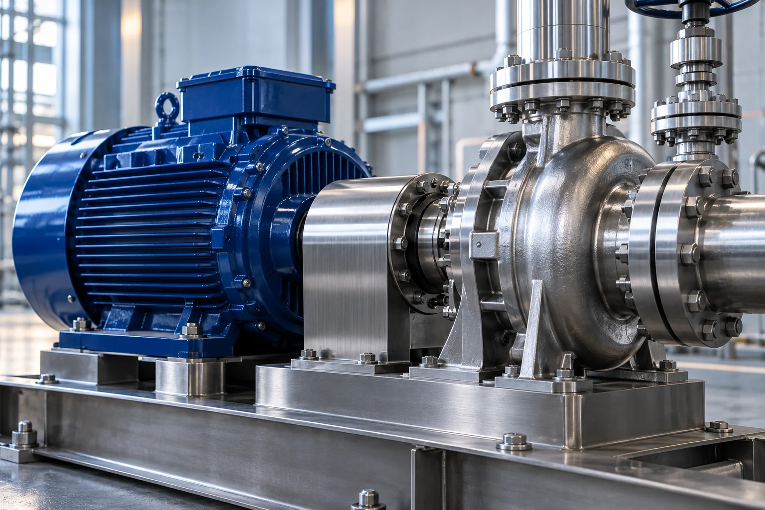 Blue electric motor and flanged process pump in an industrial installation
