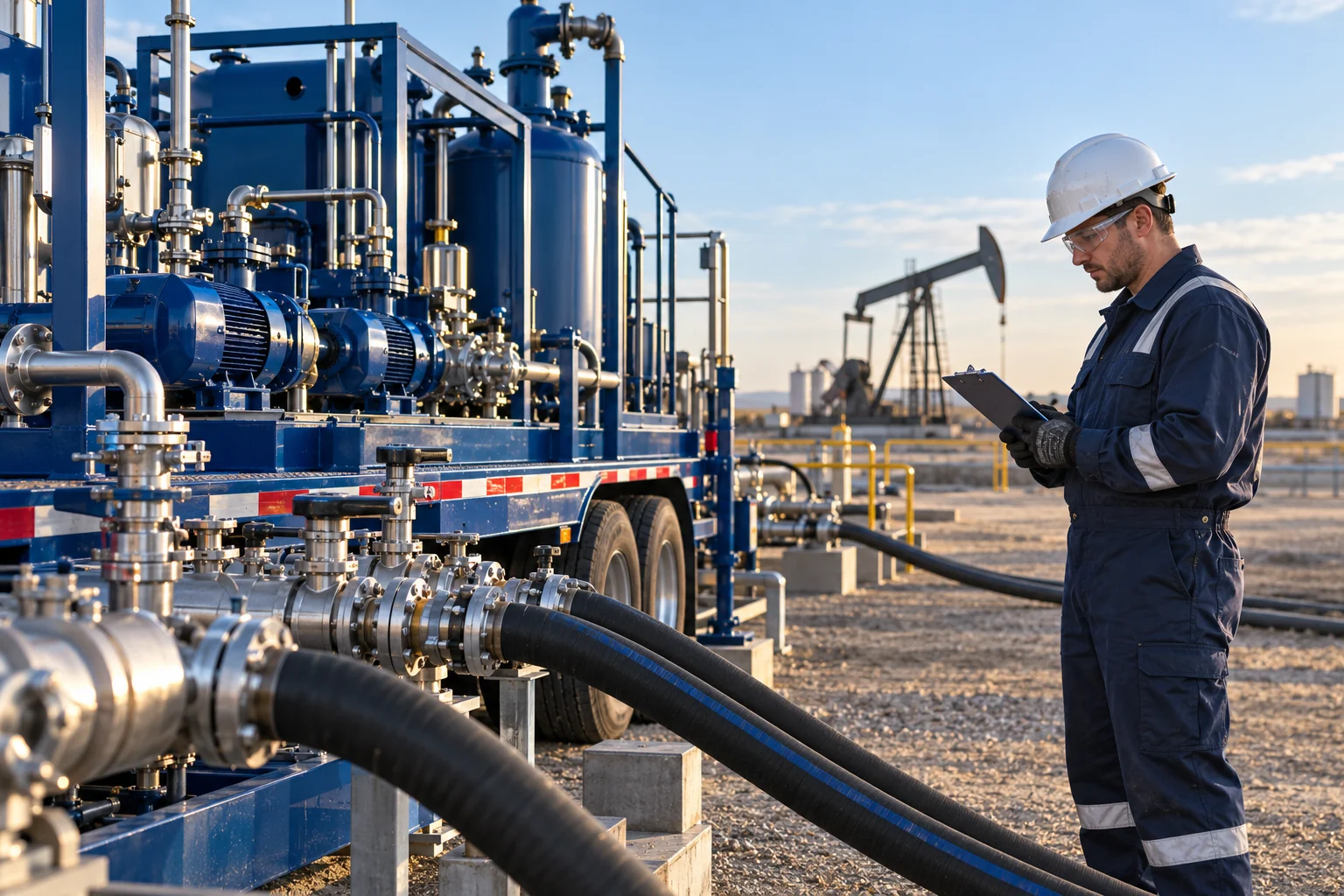 Operator reviewing chemical delivery equipment beside field pipework
