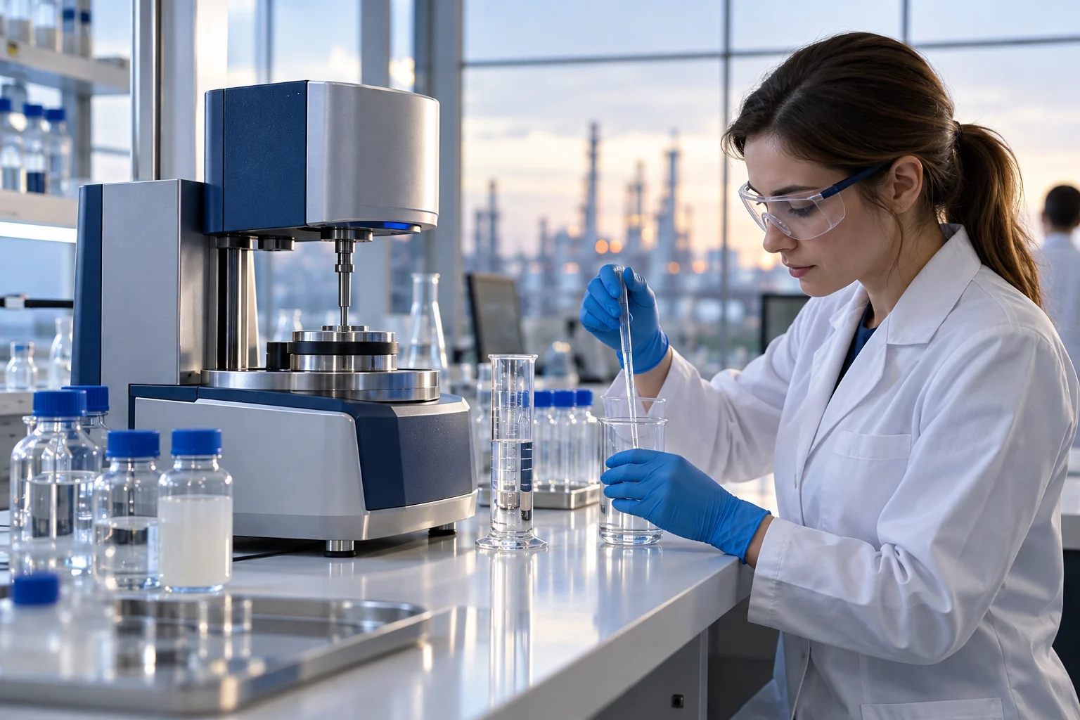 Scientist preparing samples beside laboratory testing instruments