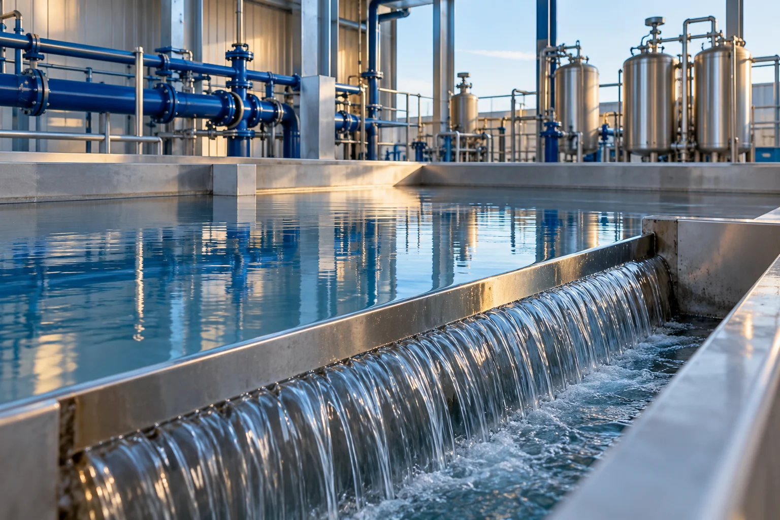 Clear blue water flowing over a treatment-basin weir beside process tanks