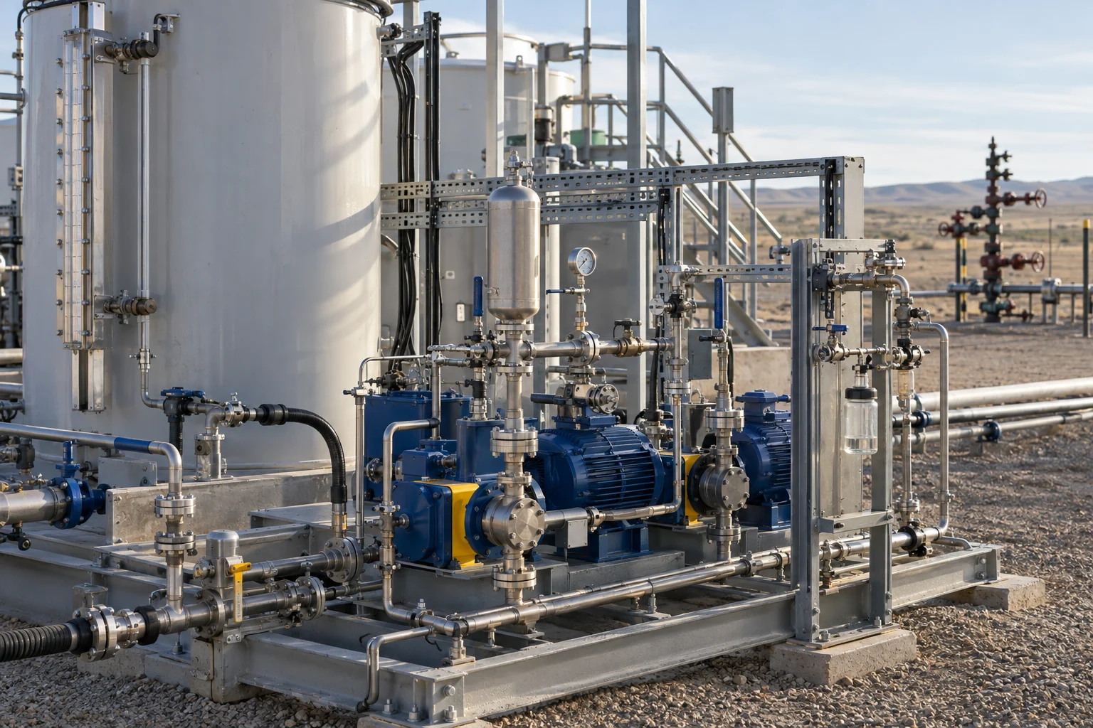 Chemical preparation tanks, pumps, and injection pipework at a production facility