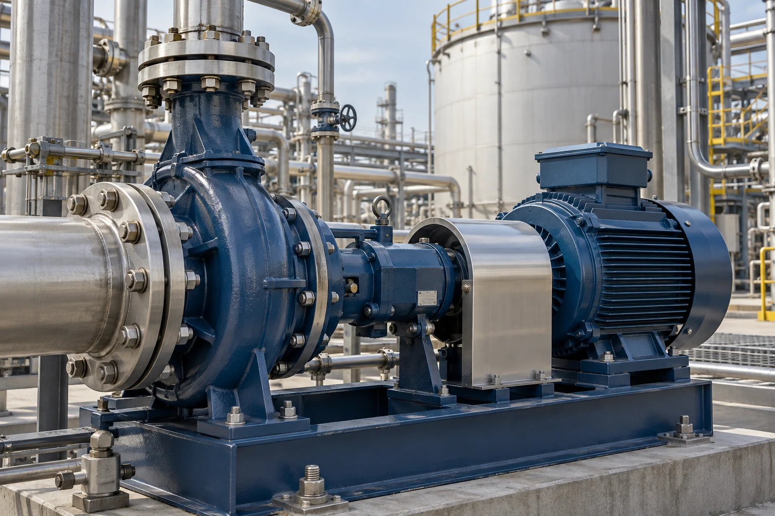 Process transfer pump, coupling, motor, and connected pipework