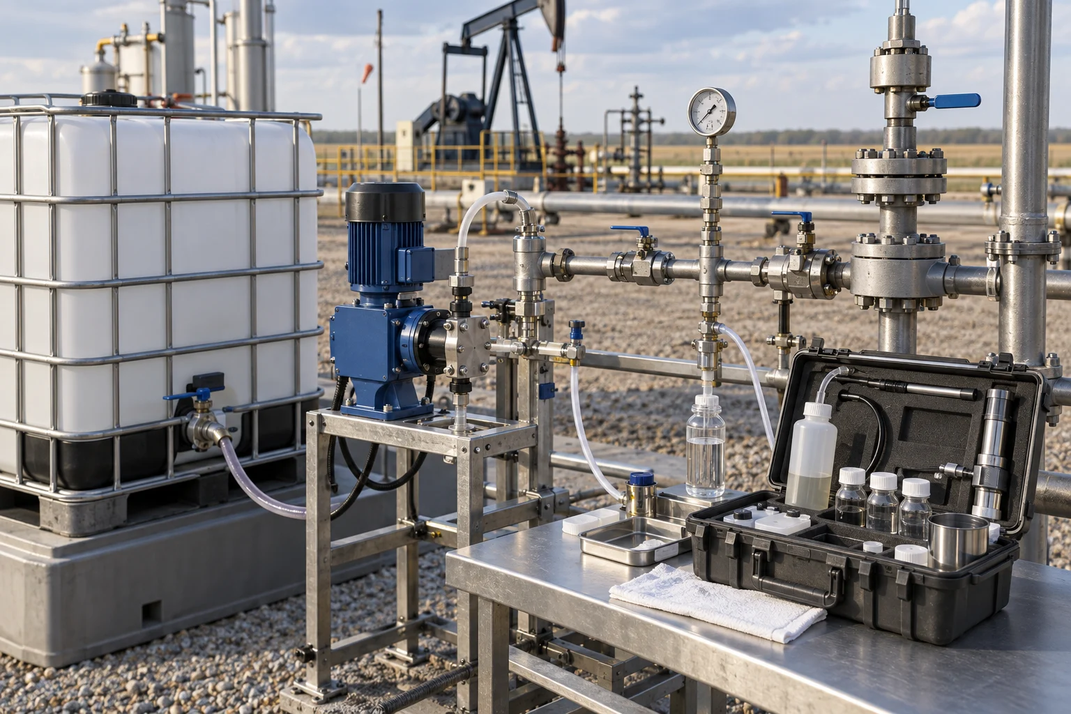 Chemical tote, transfer connections, and dosing equipment at a field installation