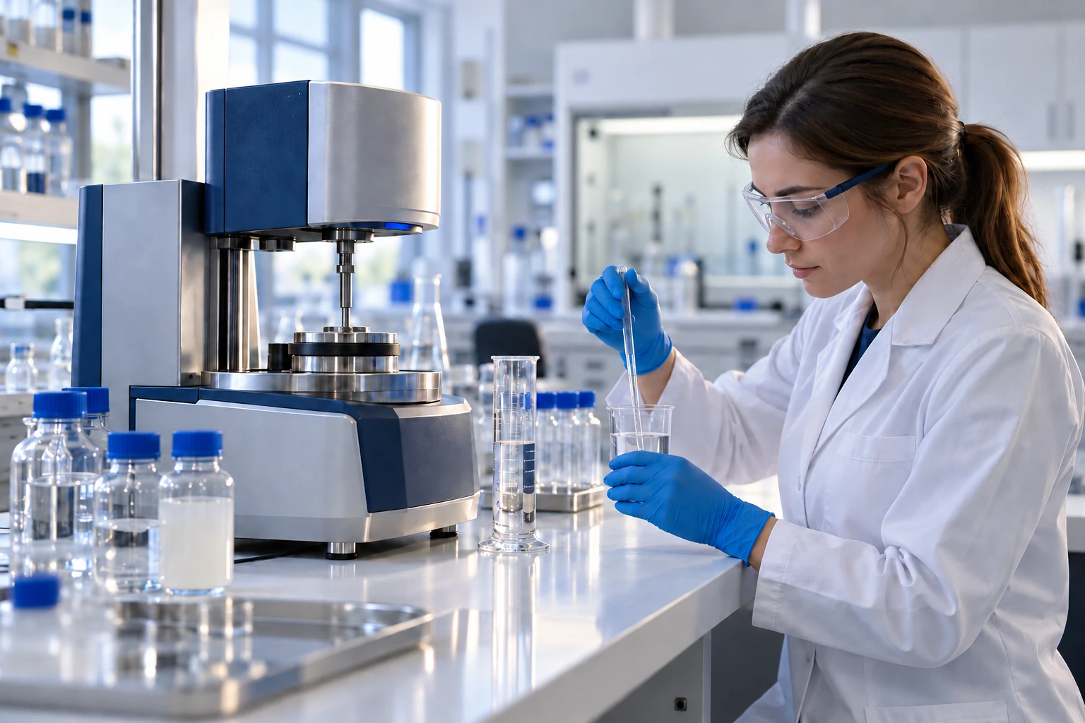 Illustration of a scientist stirring one beaker at a laboratory bench
