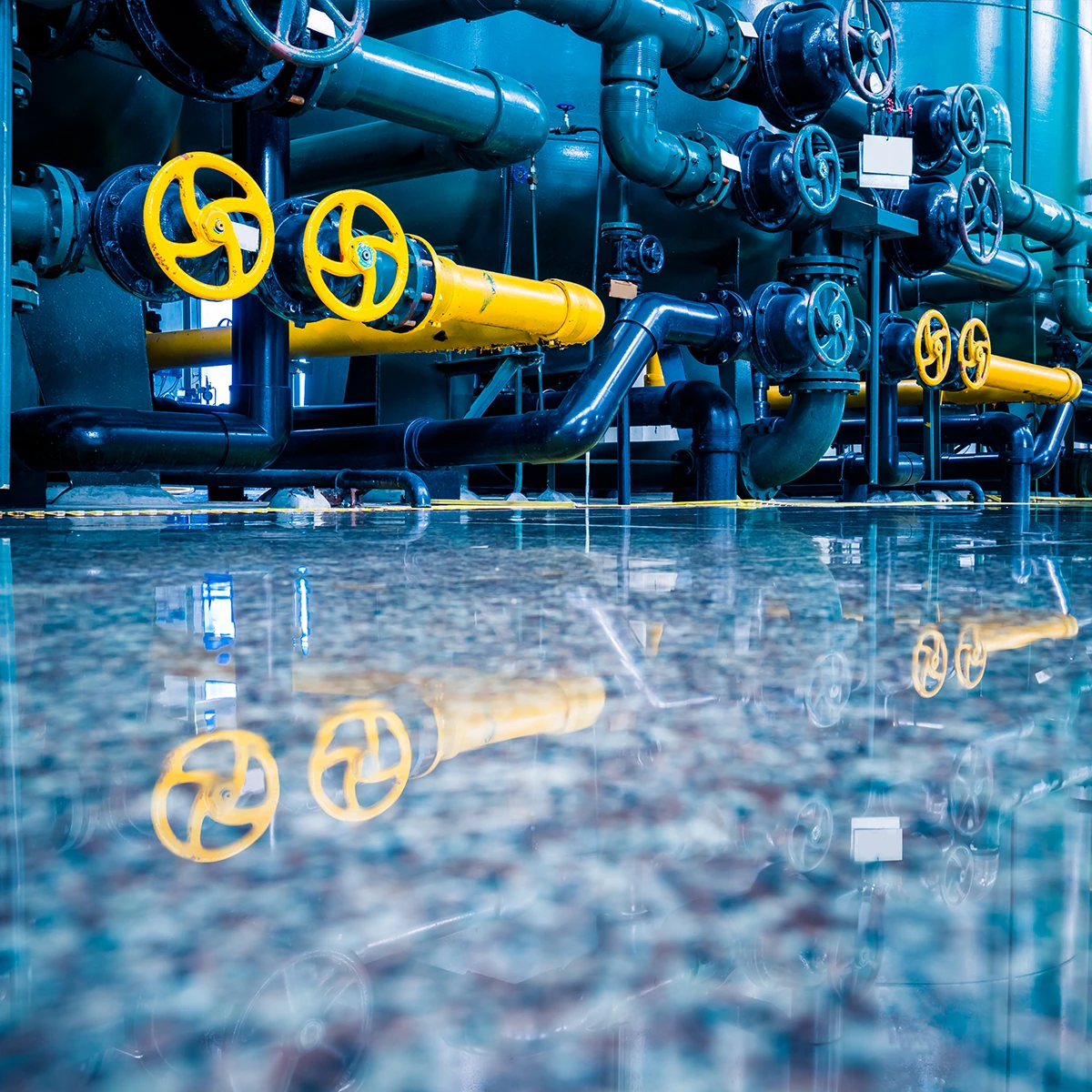 Blue process pipework and yellow handwheel valves above the water surface