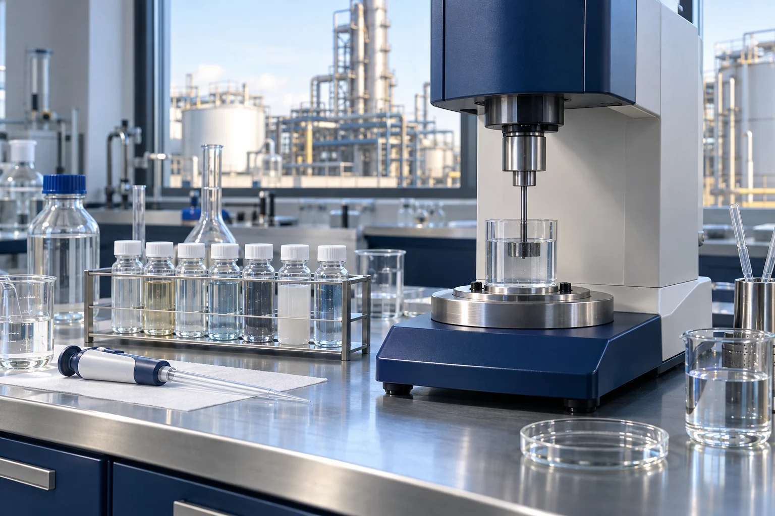 Water samples and a benchtop rheology instrument prepared for evaluation