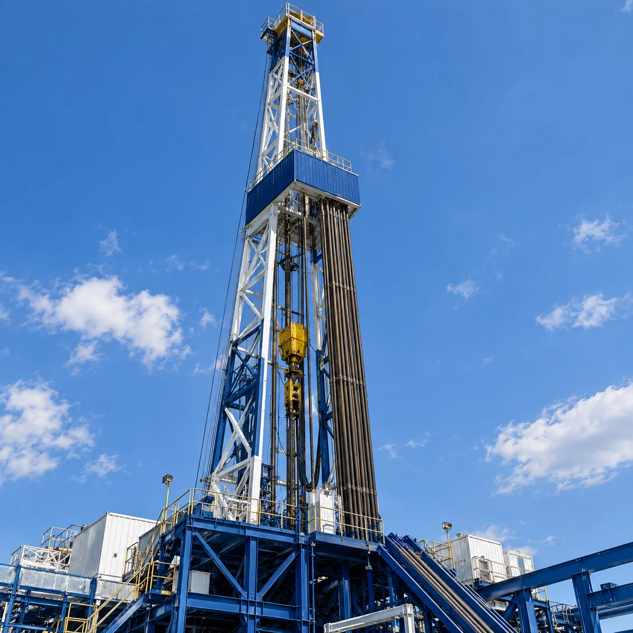 Blue and white onshore drilling mast beneath a clear blue sky