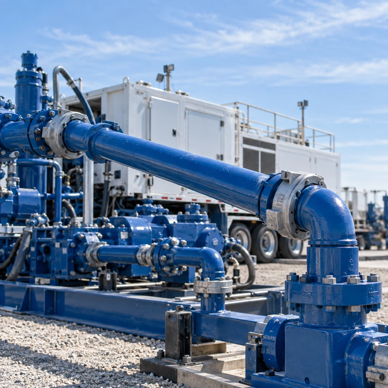 Blue pressure-pumping equipment beside a white well-service unit