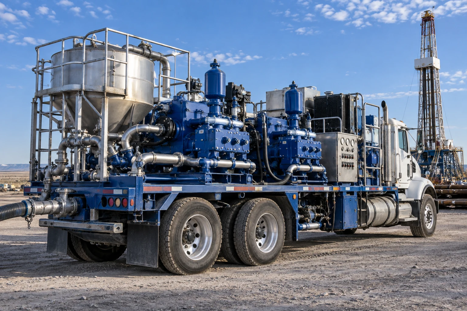 Blue and white oilfield cementing pump unit with stainless mixing equipment beside a drilling rig