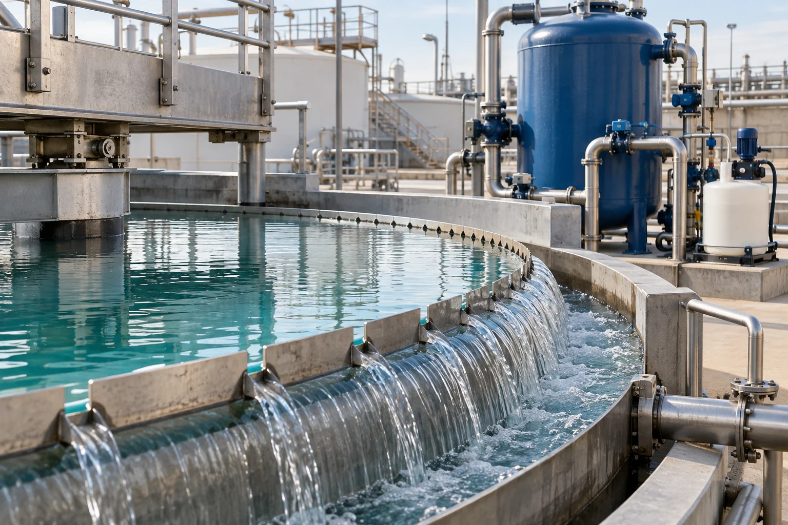 Water clarification basin with an overflow channel and blue treatment vessels